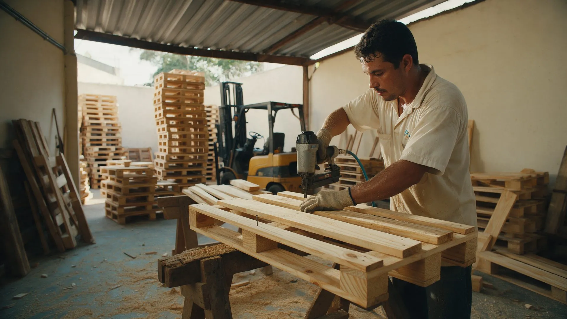 Galpão coberto da RM Pallets com a pregadeira e paletes montados