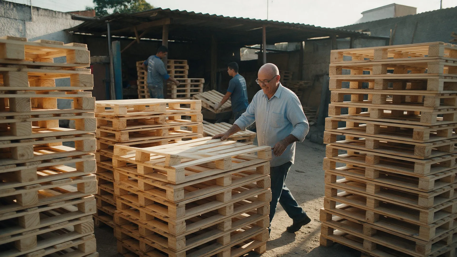 Raimundo, fundador da RM Pallets, entre as pilhas de paletes no pátio